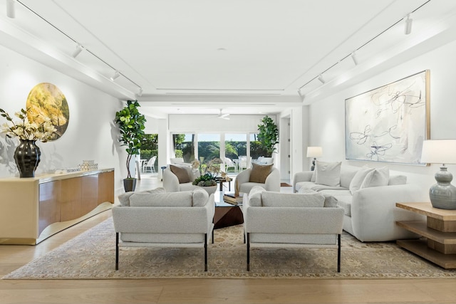 living room featuring rail lighting and wood finished floors