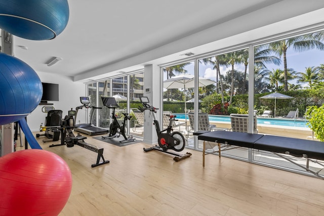 exercise room featuring wood finished floors