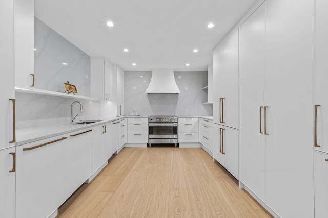 kitchen with sink, premium range hood, backsplash, electric stove, and white cabinets