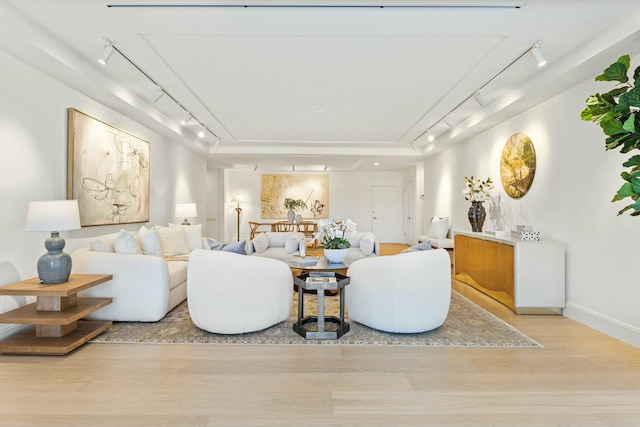 living room with baseboards, wood finished floors, and track lighting