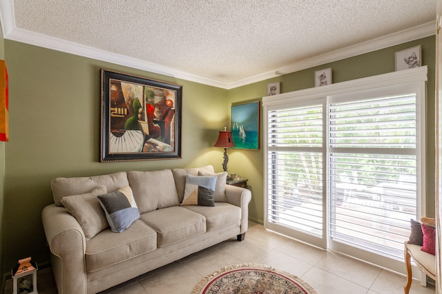 living room with crown molding, light tile patterned floors, and a textured ceiling