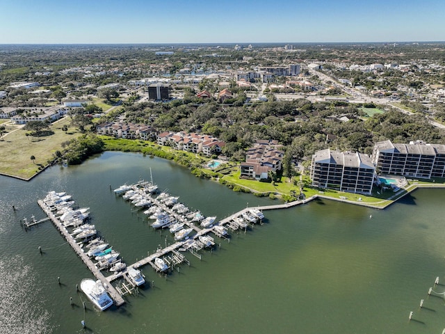 drone / aerial view with a water view