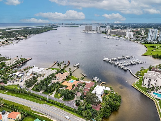 aerial view featuring a water view