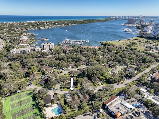 drone / aerial view featuring a water view