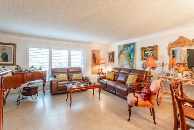 living room with a textured ceiling and ornamental molding