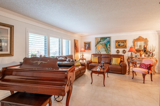 living room featuring crown molding, light tile patterned flooring, and a textured ceiling