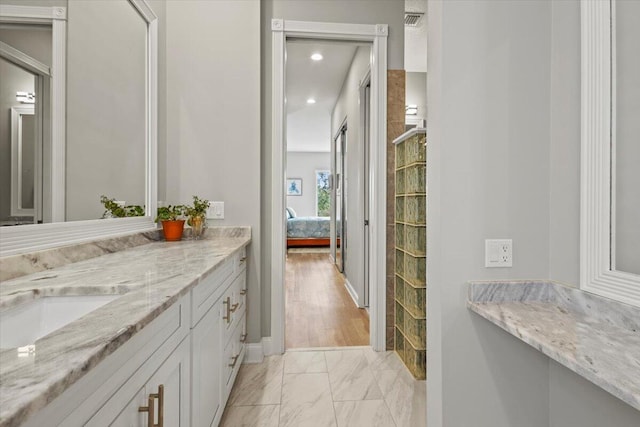 bathroom featuring vanity and wood-type flooring