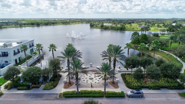 drone / aerial view with a water view