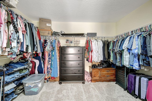 spacious closet featuring light colored carpet