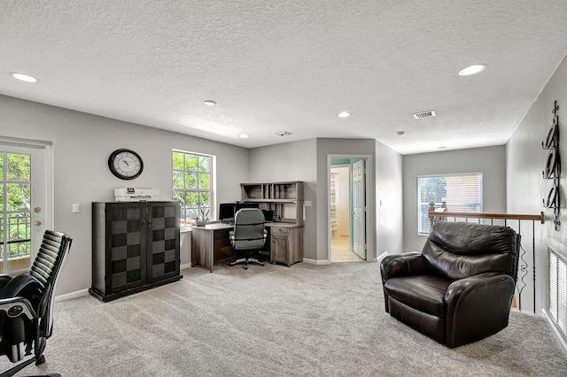 office area featuring a wealth of natural light, a textured ceiling, and light carpet