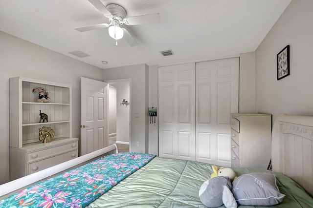 bedroom with ceiling fan and a closet