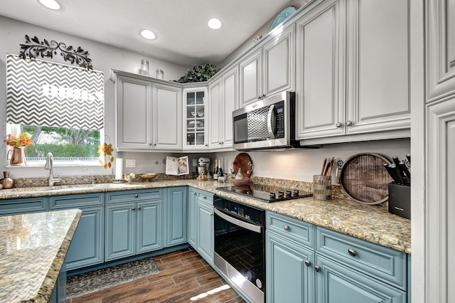 kitchen featuring sink, appliances with stainless steel finishes, light stone countertops, dark hardwood / wood-style floors, and blue cabinets