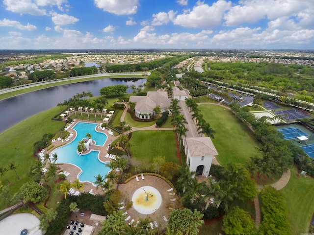 aerial view featuring a water view