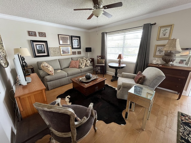 living area featuring ornamental molding, a textured ceiling, and wood finished floors