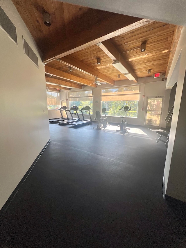 gym with ceiling fan, a wealth of natural light, and wood ceiling