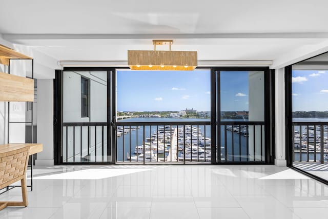 interior space featuring a water view