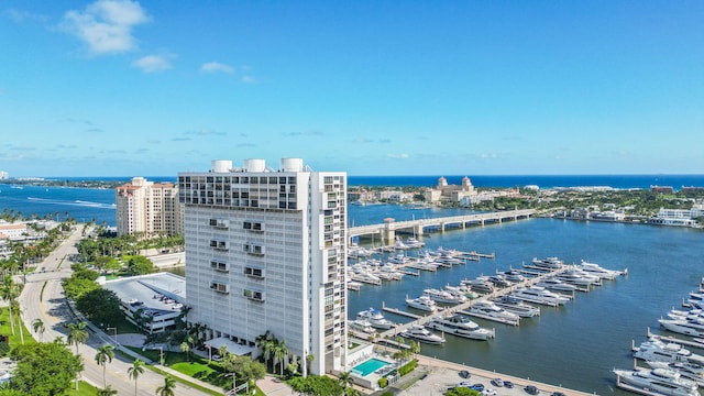 drone / aerial view featuring a water view