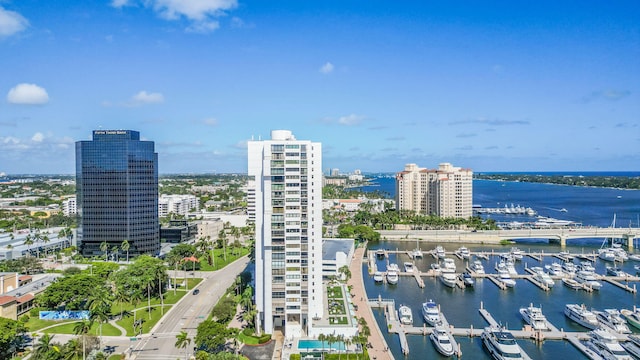 aerial view featuring a water view