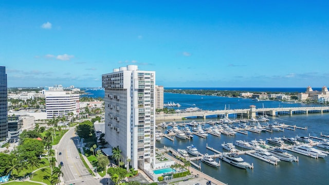 aerial view featuring a water view