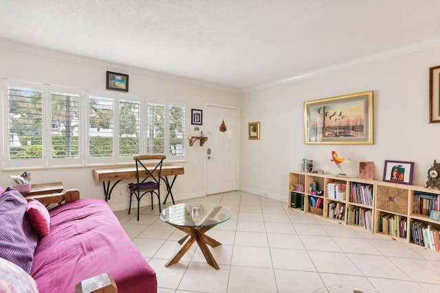 tiled living room with a healthy amount of sunlight and ornamental molding