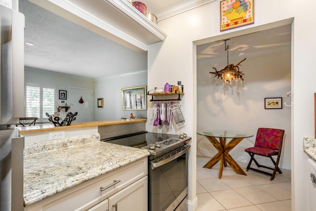 kitchen featuring stainless steel electric stove, light stone countertops, light tile patterned flooring, and ornamental molding