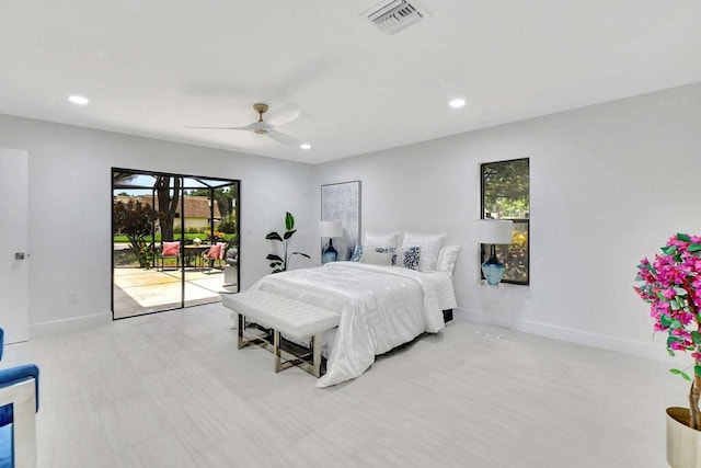 bedroom featuring access to exterior, multiple windows, and ceiling fan