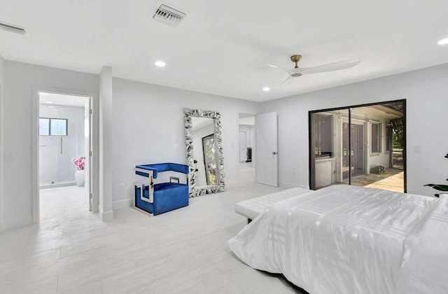 bedroom featuring ceiling fan and a closet