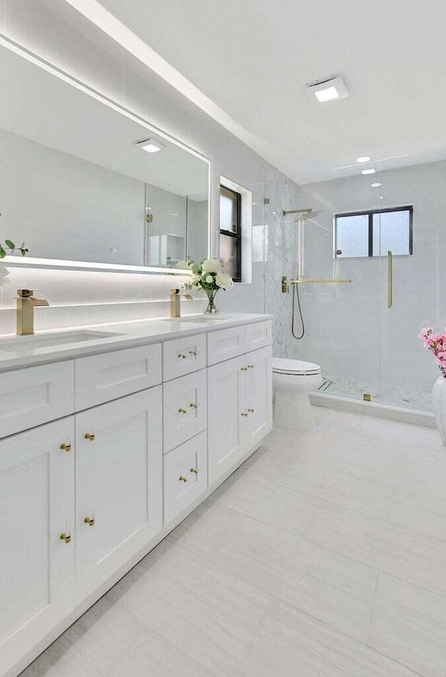 bathroom with vanity, a shower with shower door, and toilet