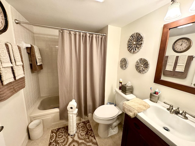 full bathroom with vanity, shower / bathtub combination with curtain, tile patterned floors, and toilet