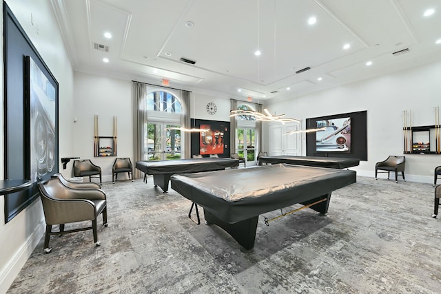 game room with a raised ceiling, ornamental molding, billiards, and french doors