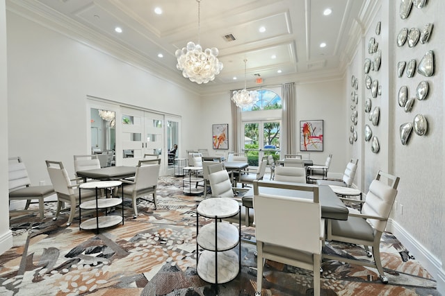 dining space featuring an inviting chandelier, french doors, coffered ceiling, ornamental molding, and beam ceiling