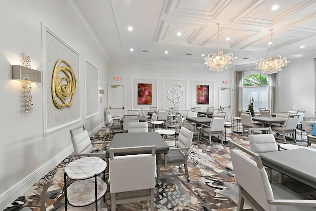 dining space featuring beam ceiling, an inviting chandelier, coffered ceiling, and crown molding