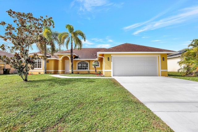 ranch-style home featuring a garage and a front yard