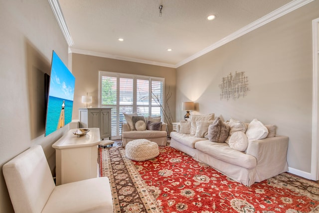 living room with crown molding