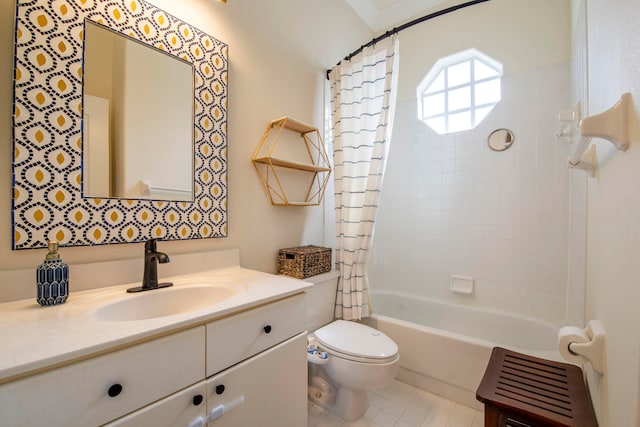 full bathroom with vanity, toilet, shower / bathtub combination with curtain, and tile patterned floors