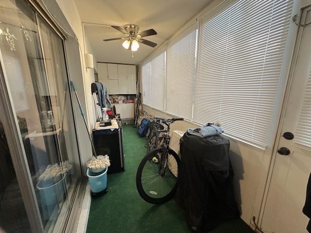 misc room with carpet flooring and ceiling fan