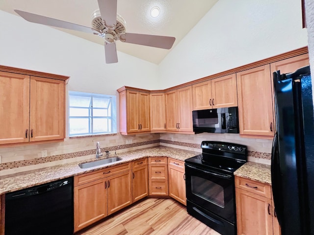 unfurnished living room with built in shelves, high vaulted ceiling, light carpet, and ceiling fan