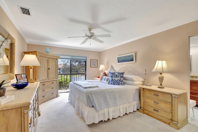 bedroom with access to exterior, ceiling fan, light colored carpet, and crown molding