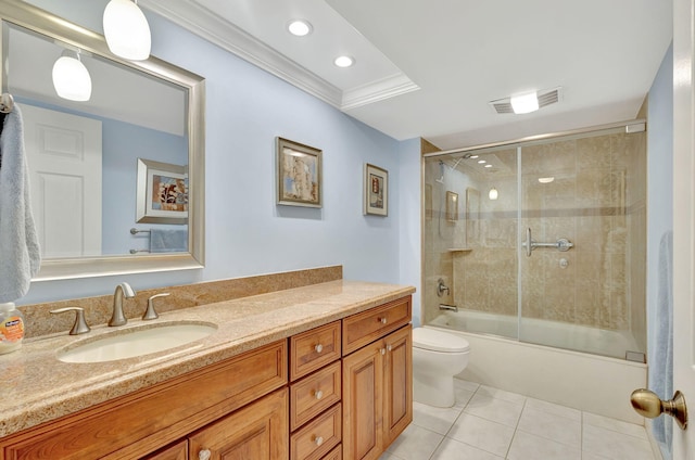 full bathroom with vanity, shower / bath combination with glass door, tile patterned flooring, toilet, and ornamental molding