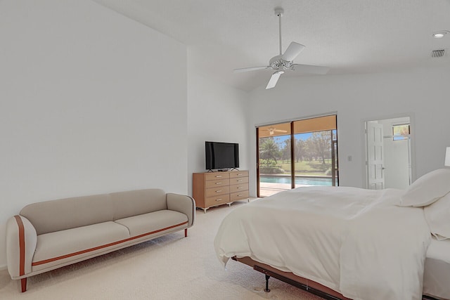 carpeted bedroom featuring high vaulted ceiling, access to outside, and ceiling fan