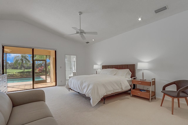 bedroom featuring high vaulted ceiling, access to outside, light carpet, and ceiling fan