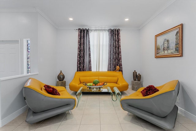 sitting room featuring crown molding, plenty of natural light, and light tile patterned floors