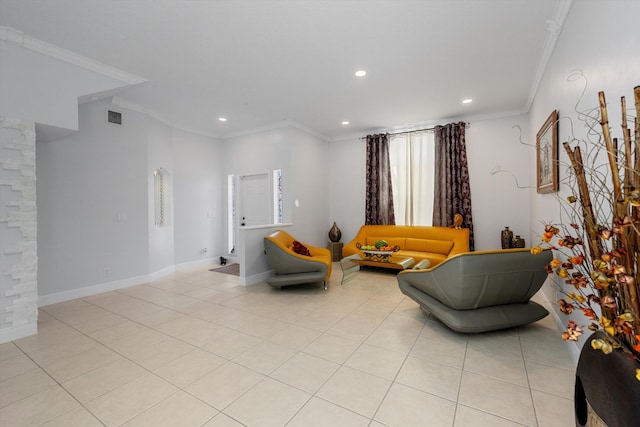 tiled living room with ornamental molding