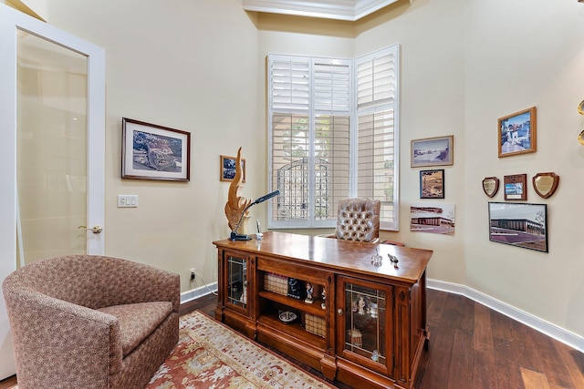 office space featuring crown molding and dark wood-type flooring