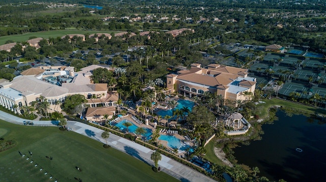 bird's eye view with a water view