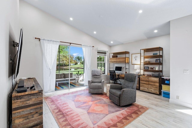 living room featuring high vaulted ceiling and light hardwood / wood-style floors