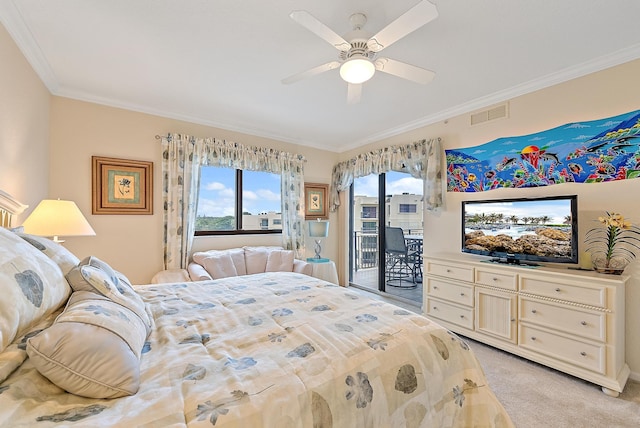 carpeted bedroom with access to outside, ceiling fan, and crown molding