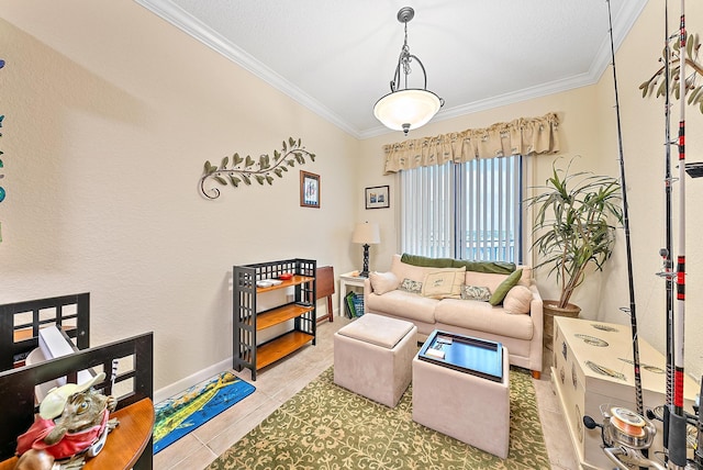 living room with tile patterned flooring and crown molding