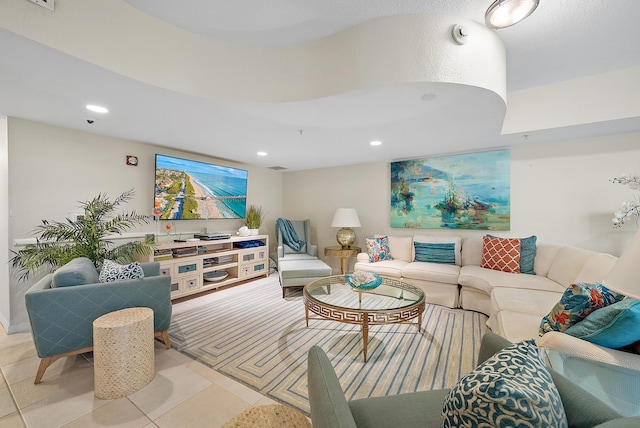 living room featuring light tile patterned floors