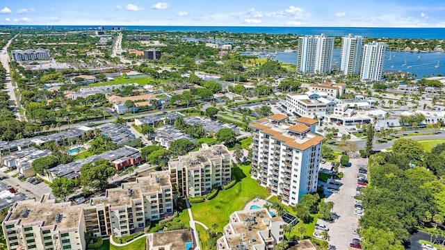 drone / aerial view with a water view